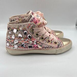 Ash Vanessa High Top Sneakers Pink Tweed Embellished Crystals Gold-Toned Metal